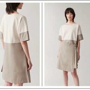 COS CONTRAST WRAP APRON JERSEY DRESS IN BEIGE GREY COLORBLOCK - M